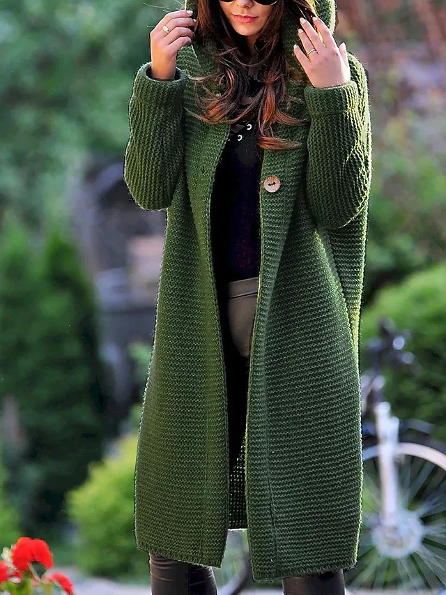 Damen Kapuzen-Strickmantel mit Oversize-Schnitt und Knopfleiste Nord Taschen