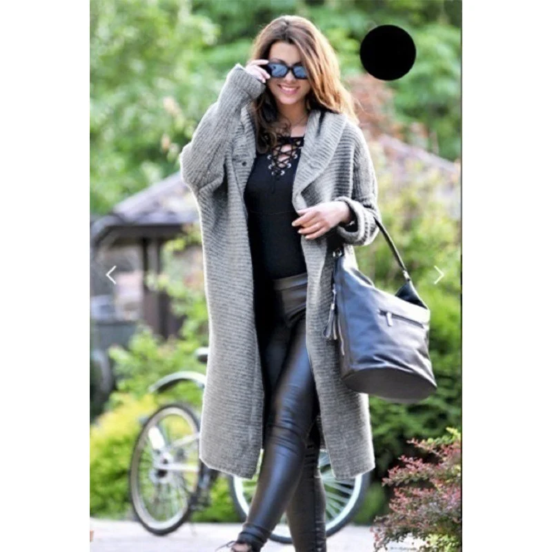 Damen Kapuzen-Strickmantel mit Oversize-Schnitt und Knopfleiste Nord Taschen