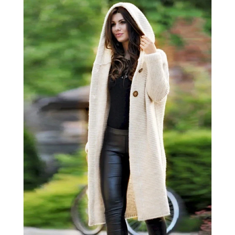 Damen Kapuzen-Strickmantel mit Oversize-Schnitt und Knopfleiste Nord Taschen