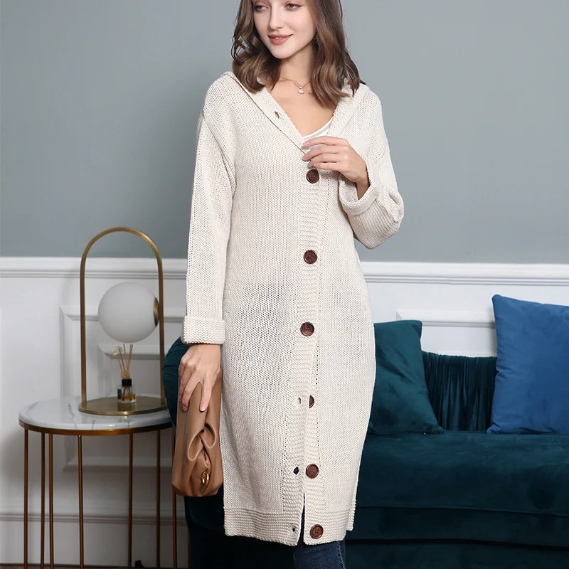 Damen Kapuzen-Longcardigan aus mitteldickem Rippstrick mit durchgehender Knopfleiste und lockerem Oversize-Schnitt Nord Taschen