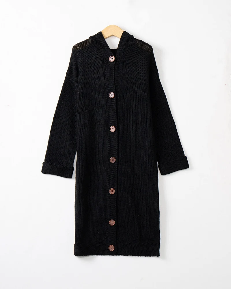 Damen Kapuzen-Longcardigan aus mitteldickem Rippstrick mit durchgehender Knopfleiste und lockerem Oversize-Schnitt Nord Taschen
