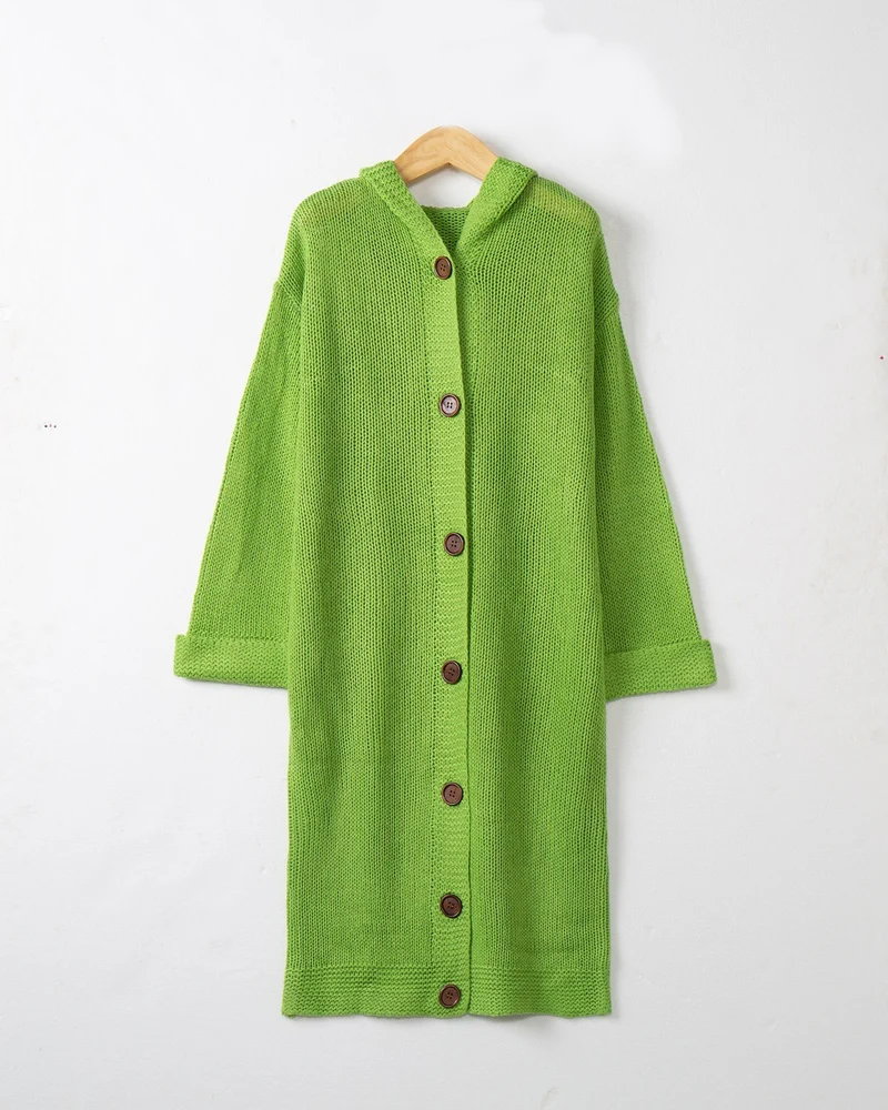 Damen Kapuzen-Longcardigan aus mitteldickem Rippstrick mit durchgehender Knopfleiste und lockerem Oversize-Schnitt Nord Taschen