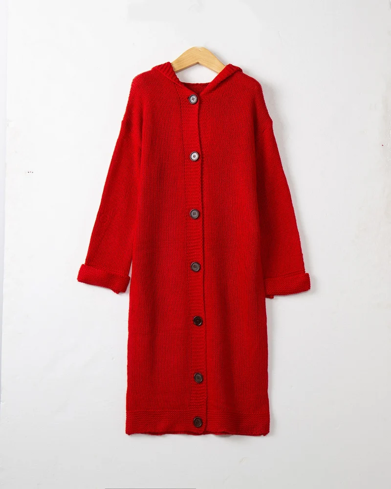 Damen Kapuzen-Longcardigan aus mitteldickem Rippstrick mit durchgehender Knopfleiste und lockerem Oversize-Schnitt Nord Taschen