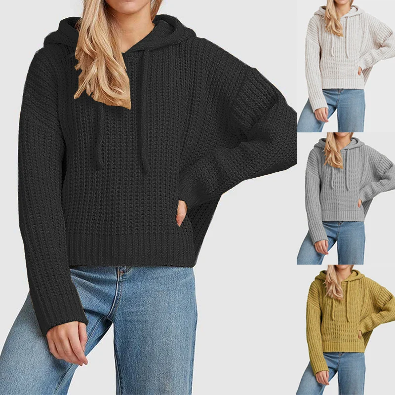 Damen Grobstrick-Kapuzenpullover mit Waffelstruktur, überschnittener Schulter und kurzem Saum Nord Taschen