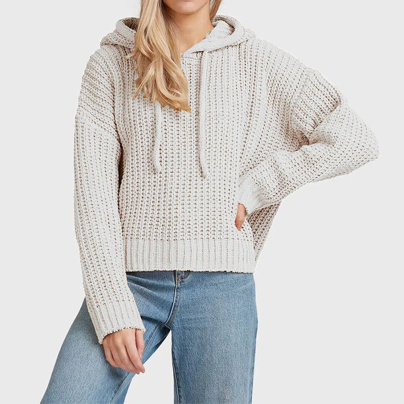 Damen Grobstrick-Kapuzenpullover mit Waffelstruktur, überschnittener Schulter und kurzem Saum Nord Taschen