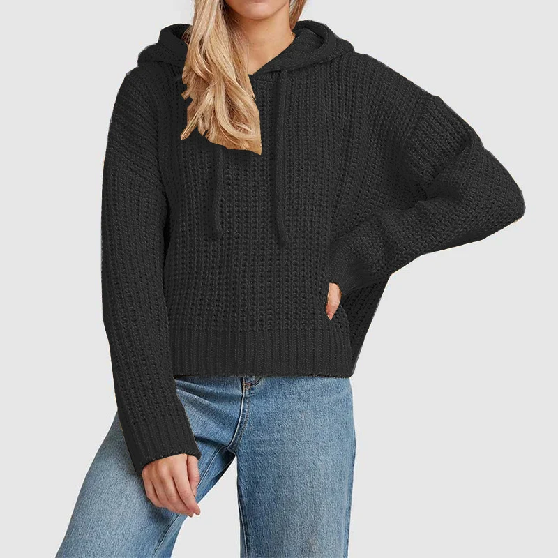 Damen Grobstrick-Kapuzenpullover mit Waffelstruktur, überschnittener Schulter und kurzem Saum Nord Taschen