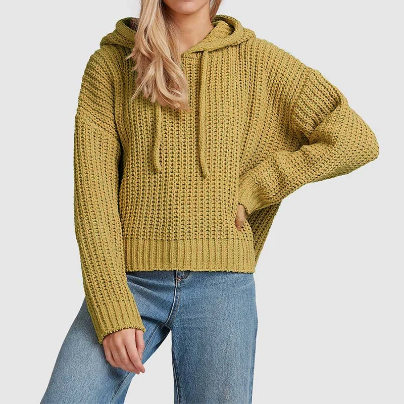 Damen Grobstrick-Kapuzenpullover mit Waffelstruktur, überschnittener Schulter und kurzem Saum Nord Taschen