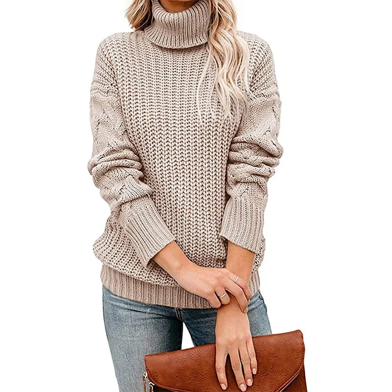 Damen Grobgestrickter Turtleneck-Pullover mit Waffelstruktur und überschnittenen Schultern Nord Taschen