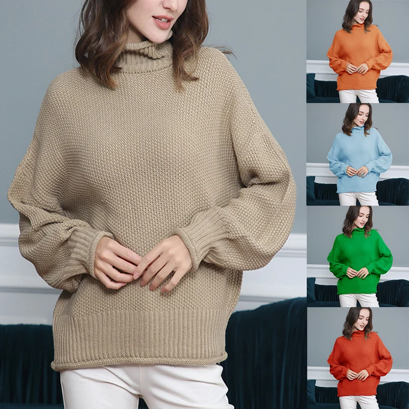 Damen Grobgestrickter Rollkragenpullover mit Ballonärmeln Nord Taschen