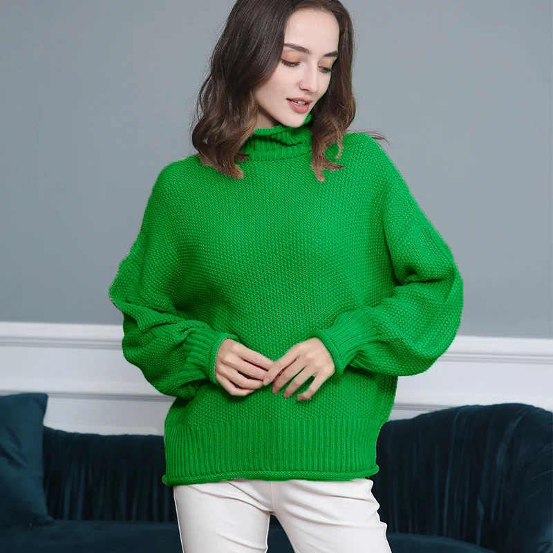 Damen Grobgestrickter Rollkragenpullover mit Ballonärmeln Nord Taschen