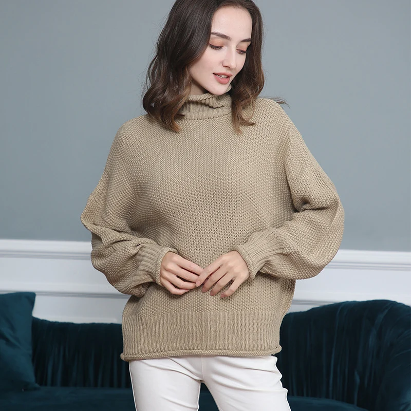 Damen Grobgestrickter Rollkragenpullover mit Ballonärmeln Nord Taschen