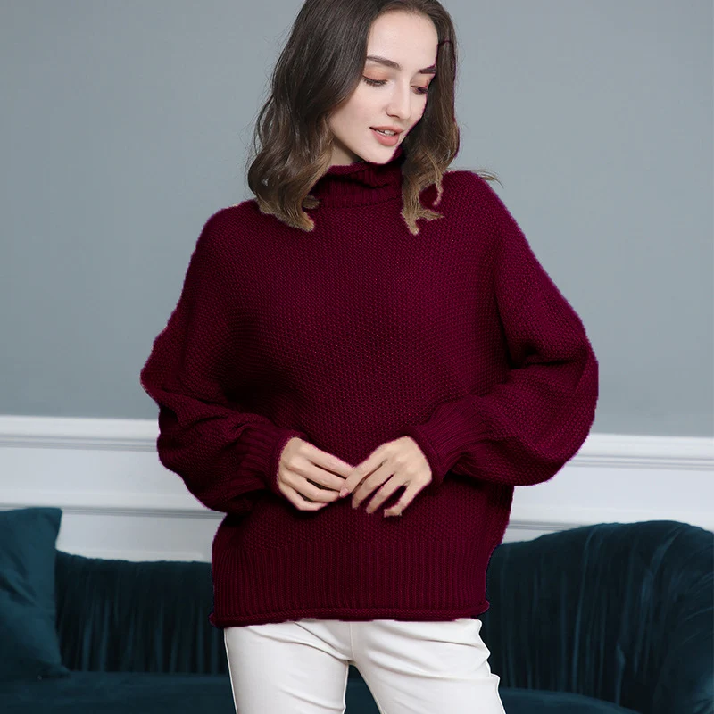 Damen Grobgestrickter Rollkragenpullover mit Ballonärmeln Nord Taschen