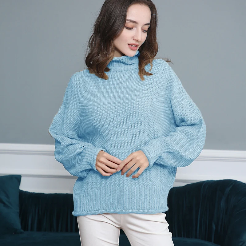 Damen Grobgestrickter Rollkragenpullover mit Ballonärmeln Nord Taschen