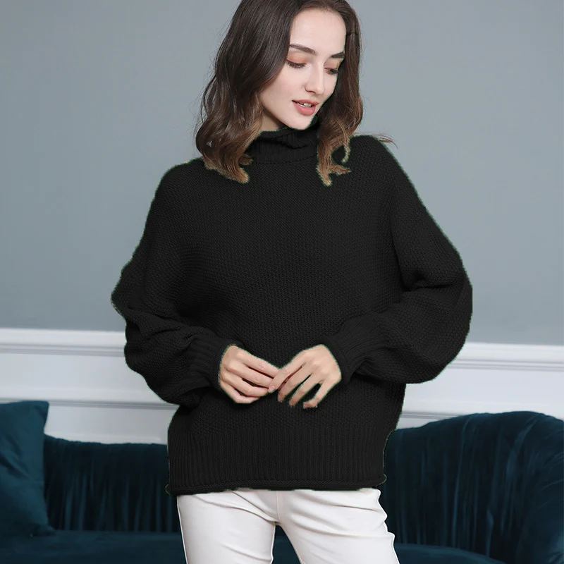Damen Grobgestrickter Rollkragenpullover mit Ballonärmeln Nord Taschen