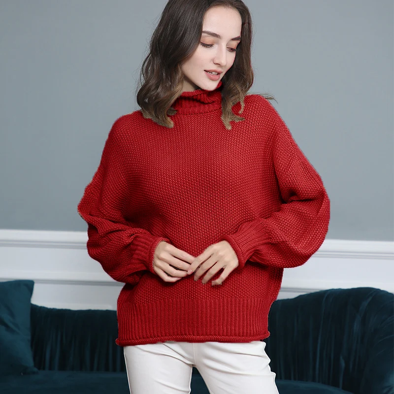 Damen Grobgestrickter Rollkragenpullover mit Ballonärmeln Nord Taschen