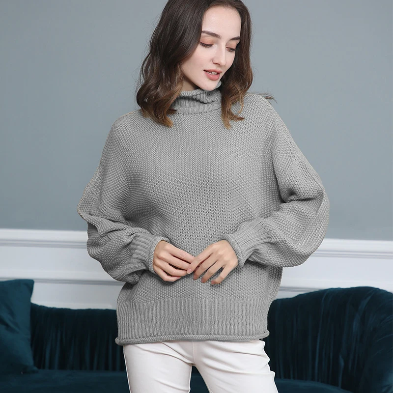 Damen Grobgestrickter Rollkragenpullover mit Ballonärmeln Nord Taschen