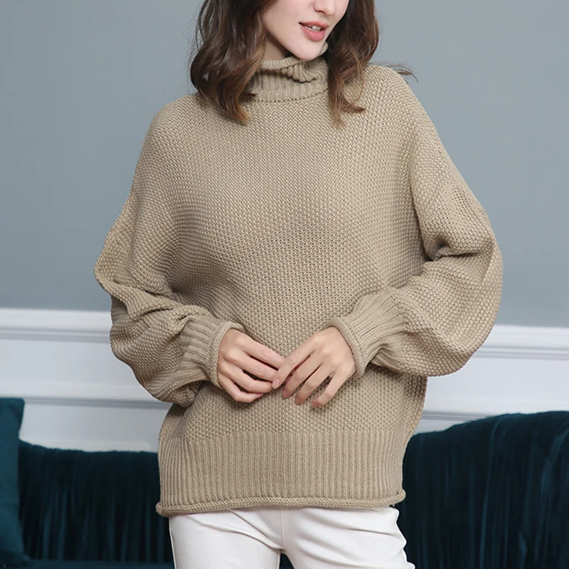Damen Grobgestrickter Rollkragenpullover mit Ballonärmeln Nord Taschen