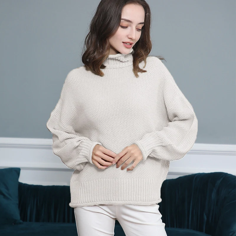 Damen Grobgestrickter Rollkragenpullover mit Ballonärmeln Nord Taschen