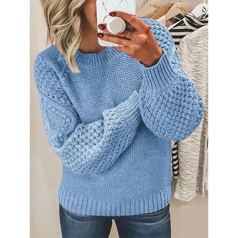 Damen Grobgestrickter Pullover mit Zopfmuster und Ballonärmeln Nord Taschen