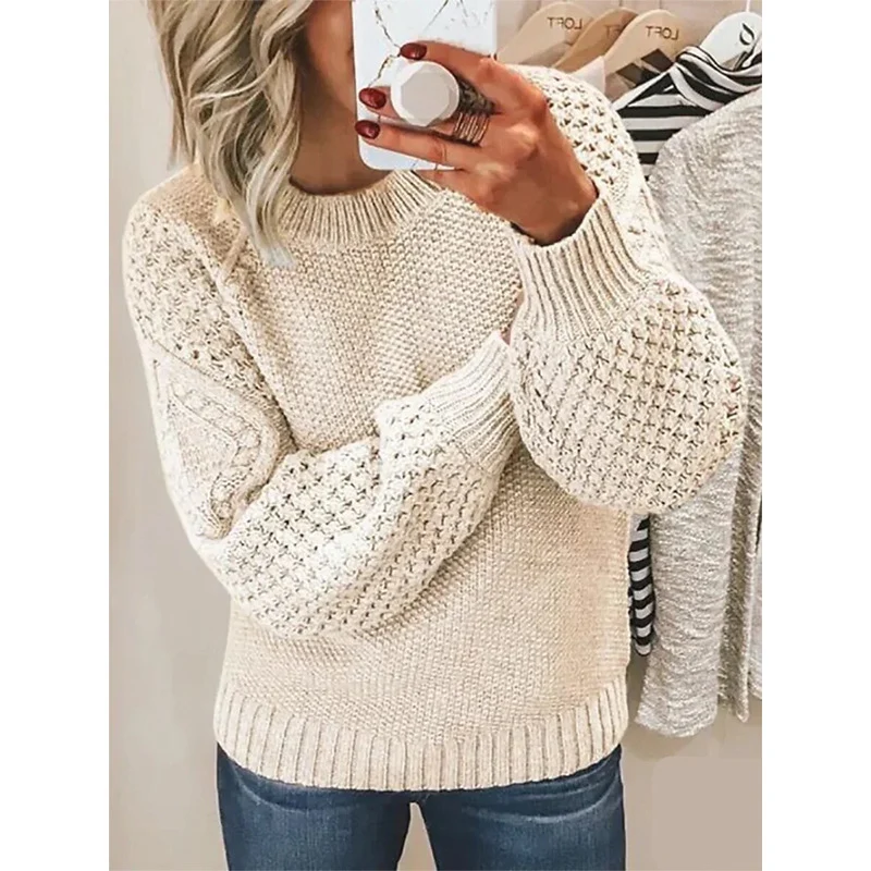 Damen Grobgestrickter Pullover mit Zopfmuster und Ballonärmeln Nord Taschen