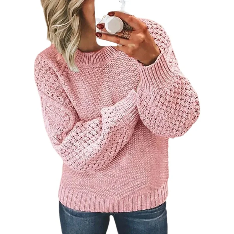 Damen Grobgestrickter Pullover mit Zopfmuster und Ballonärmeln Nord Taschen