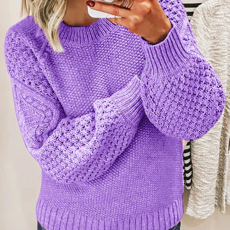 Damen Grobgestrickter Pullover mit Zopfmuster und Ballonärmeln Nord Taschen
