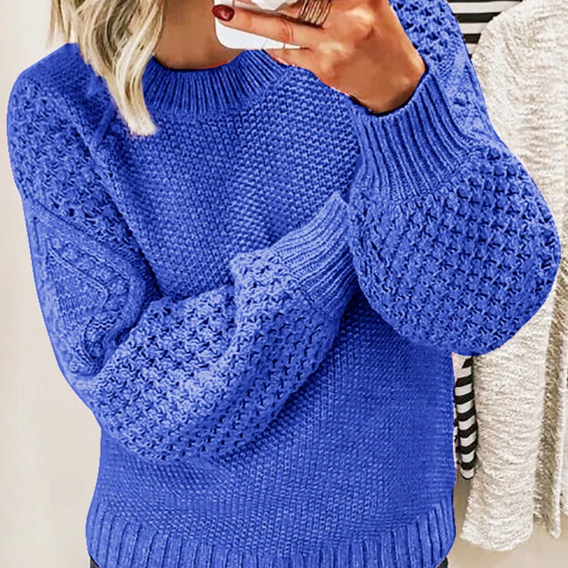 Damen Grobgestrickter Pullover mit Zopfmuster und Ballonärmeln Nord Taschen