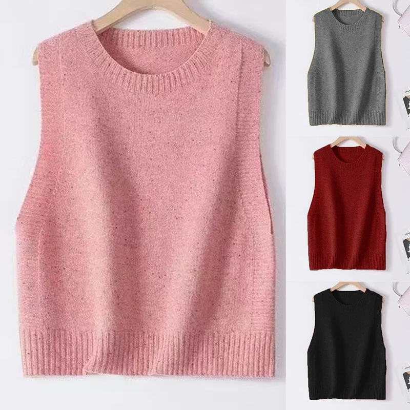 Damen Gestrickte Oversize-Ärmellose Weste mit Rundhalsausschnitt und Rippbündchen Nord Taschen