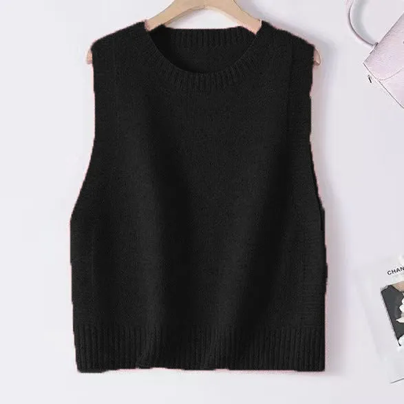 Damen Gestrickte Oversize-Ärmellose Weste mit Rundhalsausschnitt und Rippbündchen Nord Taschen