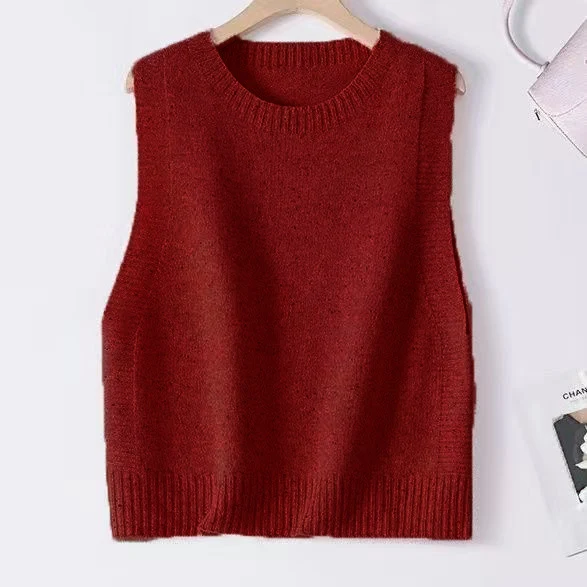 Damen Gestrickte Oversize-Ärmellose Weste mit Rundhalsausschnitt und Rippbündchen Nord Taschen