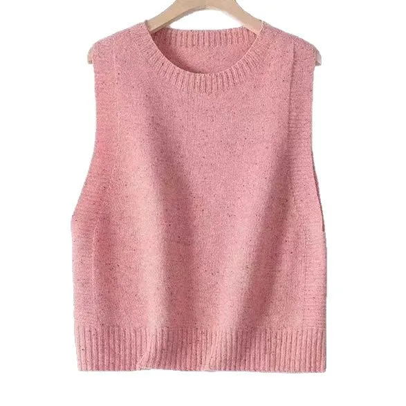 Damen Gestrickte Oversize-Ärmellose Weste mit Rundhalsausschnitt und Rippbündchen Nord Taschen