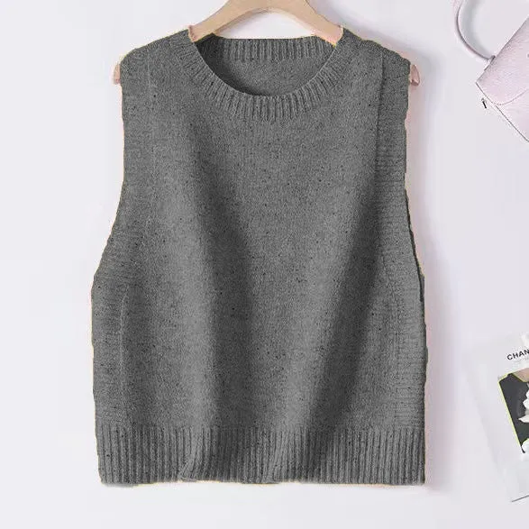Damen Gestrickte Oversize-Ärmellose Weste mit Rundhalsausschnitt und Rippbündchen Nord Taschen