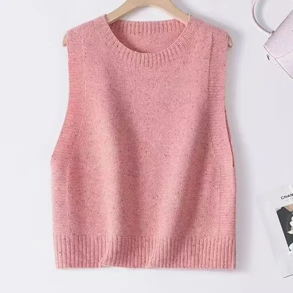 Damen Gestrickte Oversize-Ärmellose Weste mit Rundhalsausschnitt und Rippbündchen Nord Taschen