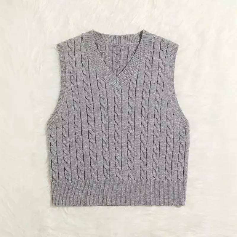 Damen Gestrickte ärmellose Zopfmuster-Pulloverweste mit V-Ausschnitt Nord Taschen