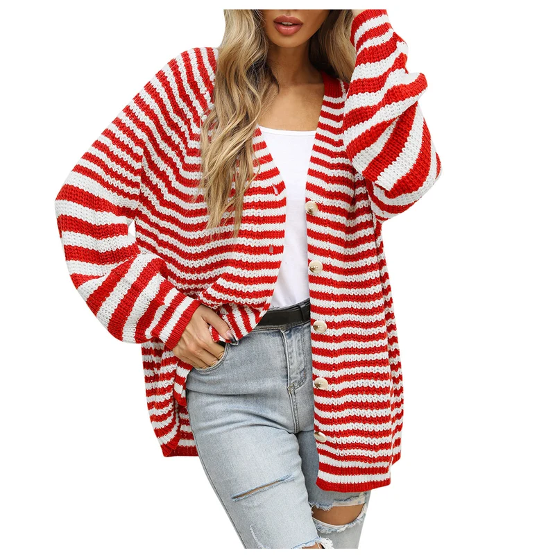 Damen gestreifte oversized Strickjacke mit V-Ausschnitt und Knopfleiste Nord Taschen