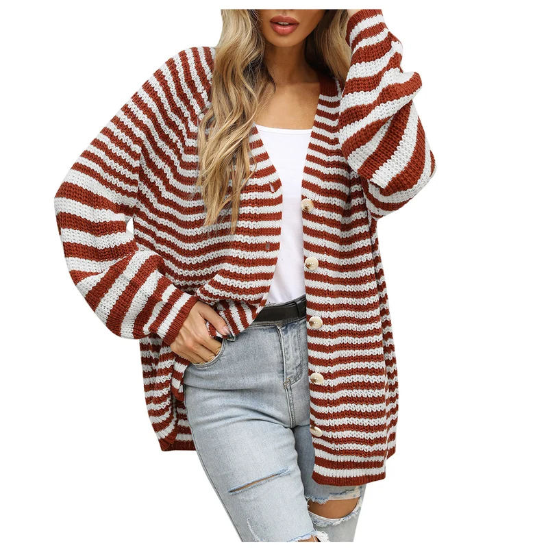 Damen gestreifte oversized Strickjacke mit V-Ausschnitt und Knopfleiste Nord Taschen