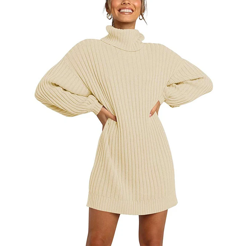 Damen Geripptes Rollkragen-Minikleid mit Oversize-Silhouette und Ballonärmeln Nord Taschen