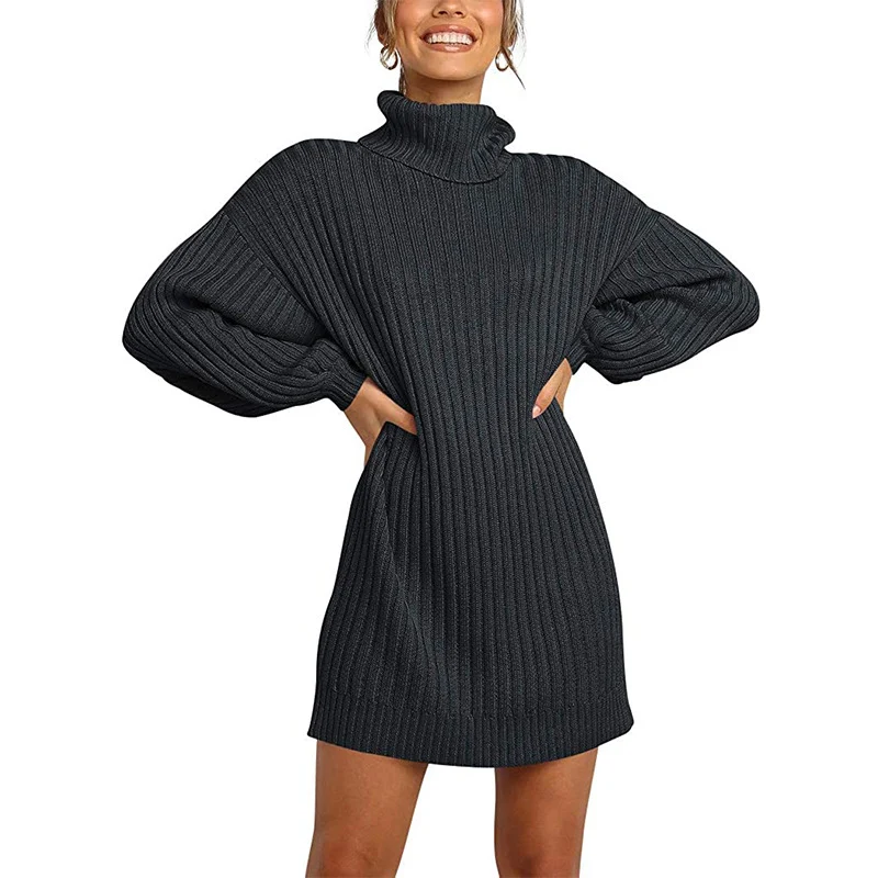 Damen Geripptes Rollkragen-Minikleid mit Oversize-Silhouette und Ballonärmeln Nord Taschen