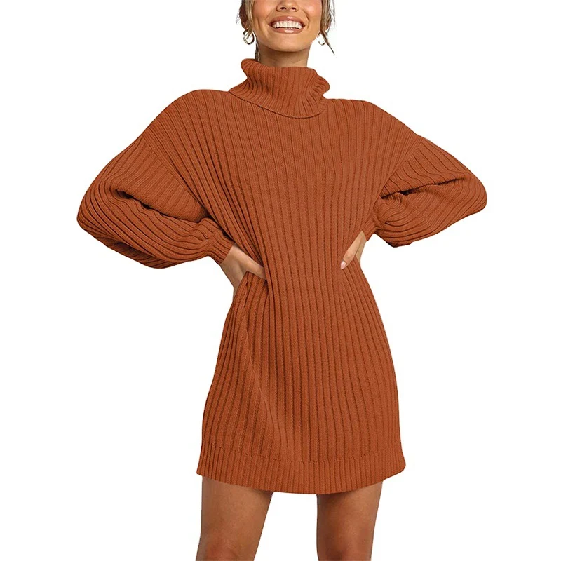 Damen Geripptes Rollkragen-Minikleid mit Oversize-Silhouette und Ballonärmeln Nord Taschen