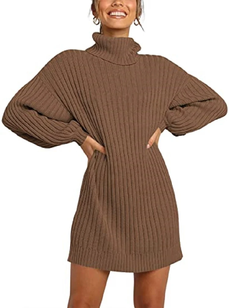 Damen Geripptes Rollkragen-Minikleid mit Oversize-Silhouette und Ballonärmeln Nord Taschen