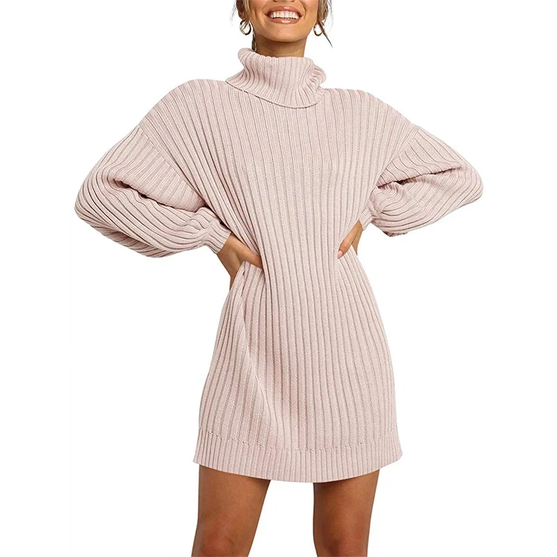 Damen Geripptes Rollkragen-Minikleid mit Oversize-Silhouette und Ballonärmeln Nord Taschen