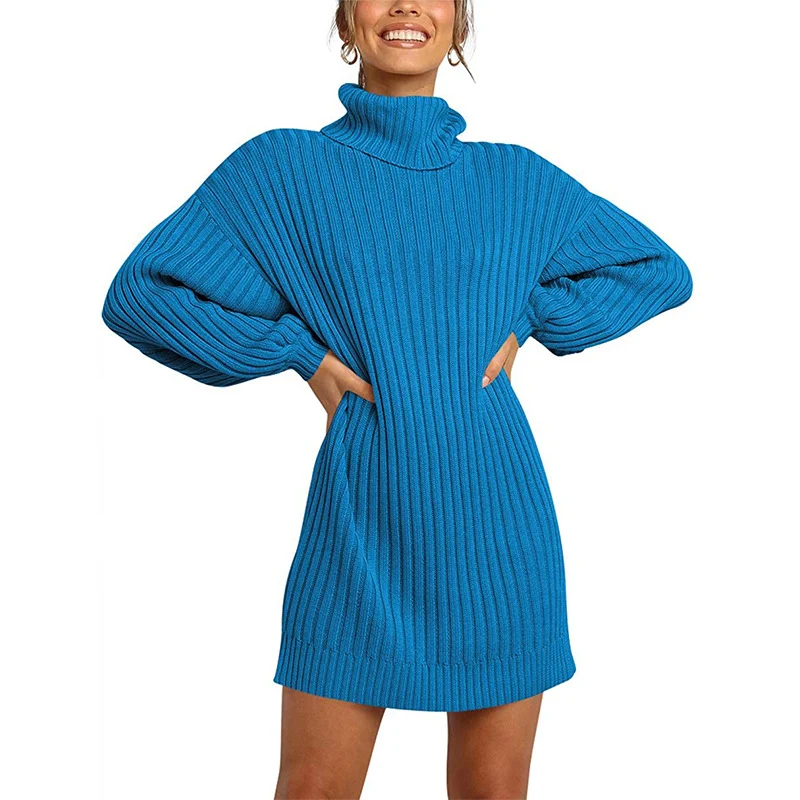 Damen Geripptes Rollkragen-Minikleid mit Oversize-Silhouette und Ballonärmeln Nord Taschen
