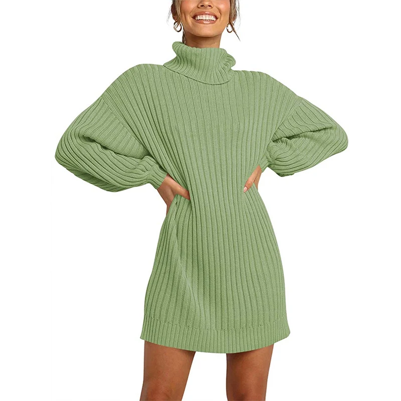 Damen Geripptes Rollkragen-Minikleid mit Oversize-Silhouette und Ballonärmeln Nord Taschen