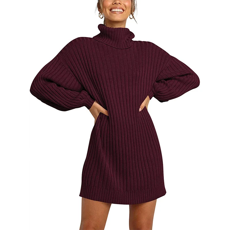 Damen Geripptes Rollkragen-Minikleid mit Oversize-Silhouette und Ballonärmeln Nord Taschen
