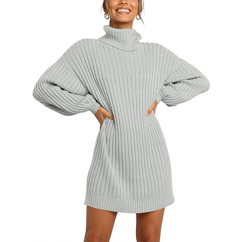 Damen Geripptes Rollkragen-Minikleid mit Oversize-Silhouette und Ballonärmeln Nord Taschen