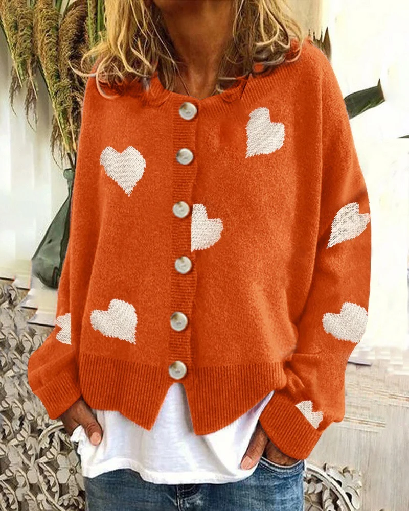 Damen Geknöpfter Oversize-Strickcardigan mit Herz-Jacquard und Perlmuttknöpfen Nord Taschen