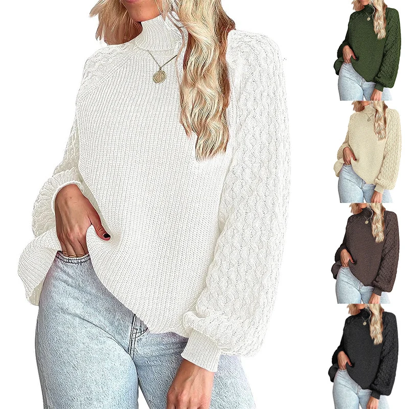 Damen Feinstrickpullover mit Rollkragen und voluminösen Zopfmuster-Ärmeln Nord Taschen