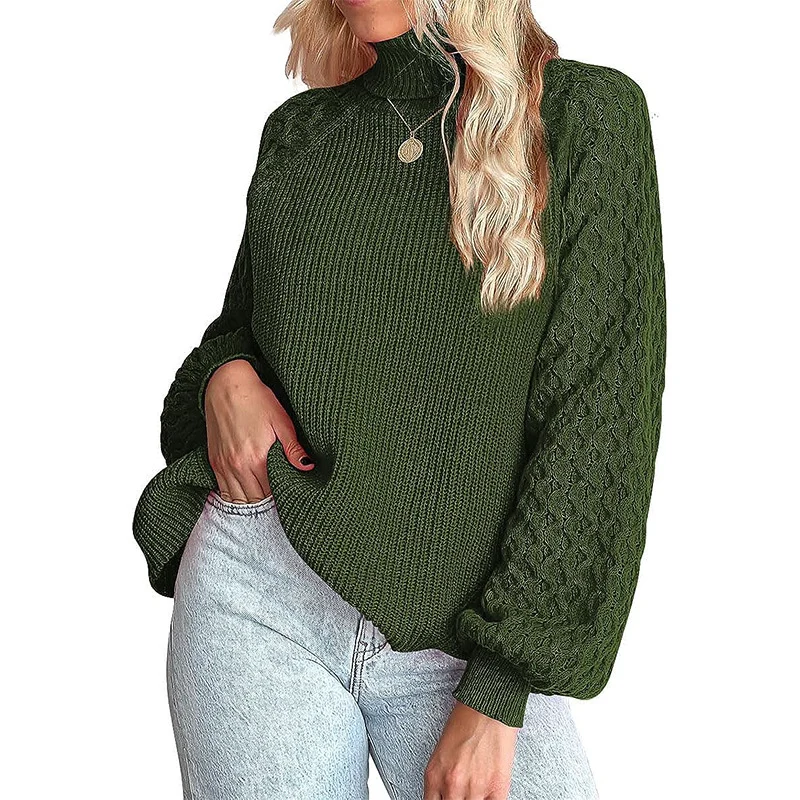 Damen Feinstrickpullover mit Rollkragen und voluminösen Zopfmuster-Ärmeln Nord Taschen