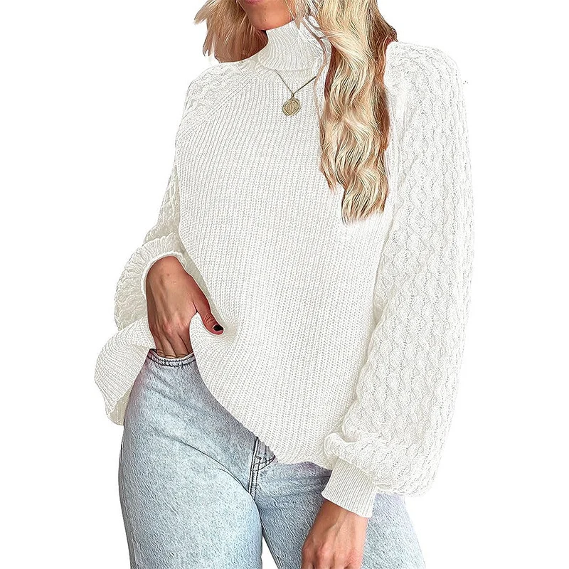 Damen Feinstrickpullover mit Rollkragen und voluminösen Zopfmuster-Ärmeln Nord Taschen