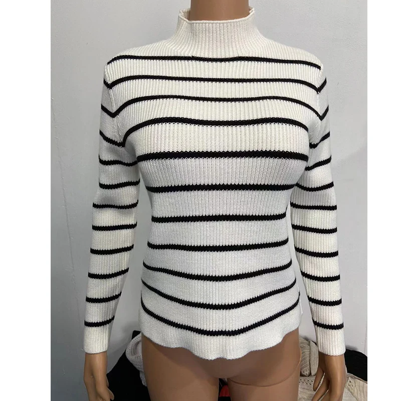 Damen Feinstrick-Pullover mit kurzem Stehkragen, Rippenstruktur und maritimen Streifen Nord Taschen